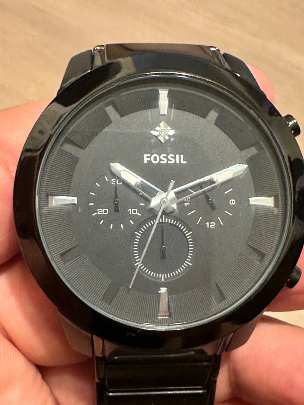 Fossil FS4531 45mm Black Chronograph Watch Glossy Steel Bracelet New Battery